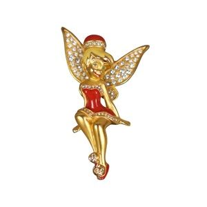 Art of Disney SANTA TINKER BELL Swarovski Crystal Gold Plate Pin Brooch Rare